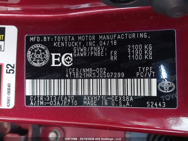 4T1B21HK5JU507299 Toyota Camry Hybrid/le/xle/se