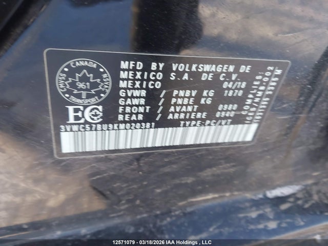 3VWC57BU9KM020381 Volkswagen Jetta 1.4 Tsi Comfortline