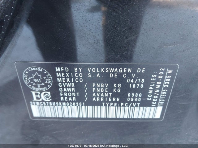 3VWC57BU9KM020381 Volkswagen Jetta 1.4 Tsi Comfortline