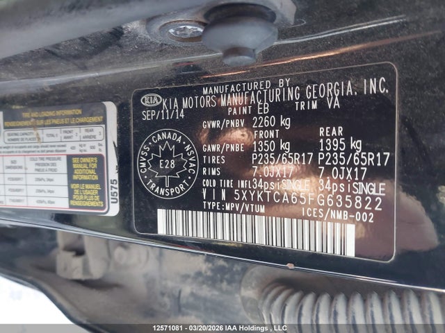 Aukcja sprzedaży 2015 Kia Sorento Lx, vin: 5XYKTCA65FG635822, numer aukcji: 12571081
