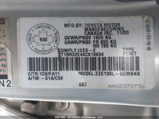 12571082 :رقم المزاد ، 2T1BR32E44C816634 vin ، 2004 Toyota Corolla Ce/le/s مزاد بيع