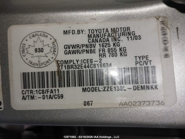 12571082 :رقم المزاد ، 2T1BR32E44C816634 vin ، 2004 Toyota Corolla Ce/le/s مزاد بيع