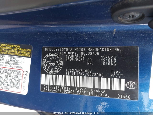 Aukcja sprzedaży 2007 Toyota Camry, vin: 4T1BE46K77U078008, numer aukcji: 12571086