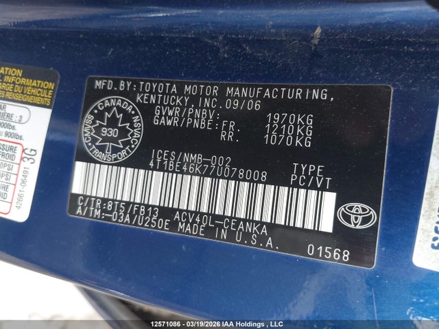 Aukcja sprzedaży 2007 Toyota Camry, vin: 4T1BE46K77U078008, numer aukcji: 12571086