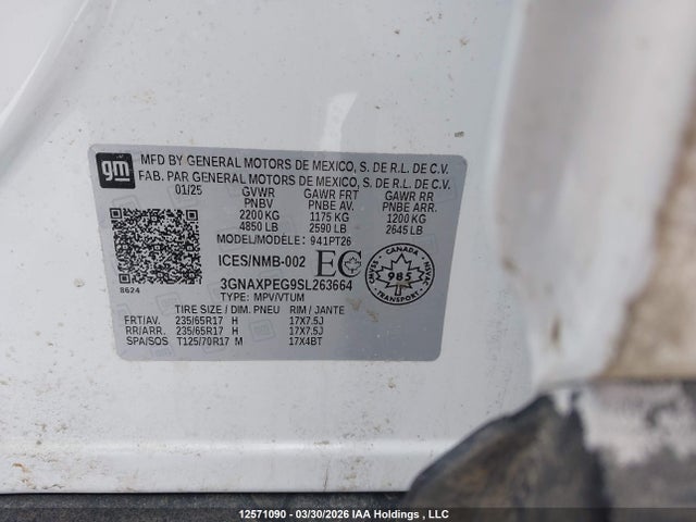 2025 Chevrolet Equinox Lt მანქანა იყიდება აუქციონზე, vin: 3GNAXPEG9SL263664, აუქციონის ნომერი: 12571090
