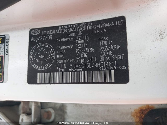 2009 Hyundai Santa Fe Gl მანქანა იყიდება აუქციონზე, vin: 5NMSG13EX9H314611, აუქციონის ნომერი: 12571095