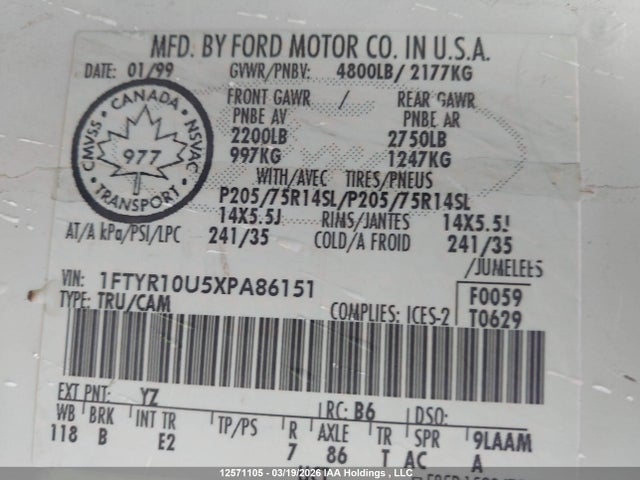 12571105 :رقم المزاد ، 1FTYR10U5XPA86151 vin ، 1999 Ford Ranger مزاد بيع
