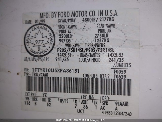 12571105 :رقم المزاد ، 1FTYR10U5XPA86151 vin ، 1999 Ford Ranger مزاد بيع