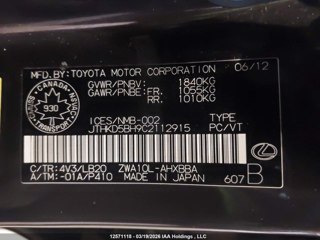 12571118 :رقم المزاد ، JTHKD5BH9C2112915 vin ، 2012 Lexus Ct مزاد بيع