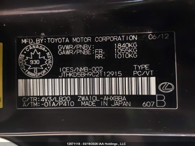 12571118 :رقم المزاد ، JTHKD5BH9C2112915 vin ، 2012 Lexus Ct مزاد بيع