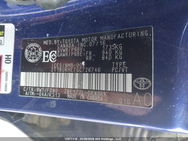 2T1BURHE7GC726746 Toyota Corolla S