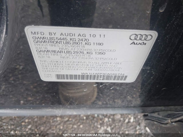 Aukcja sprzedaży 2012 Audi Q5 Premium Plus, vin: WA1LFAFP3CA046744, numer aukcji: 12571124