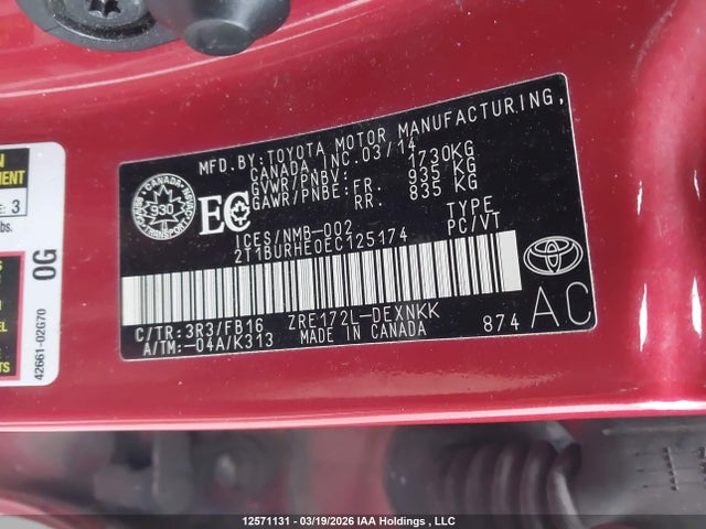 2T1BURHE0EC125174 Toyota Corolla L/le/le Pls/prm/s/s Pls