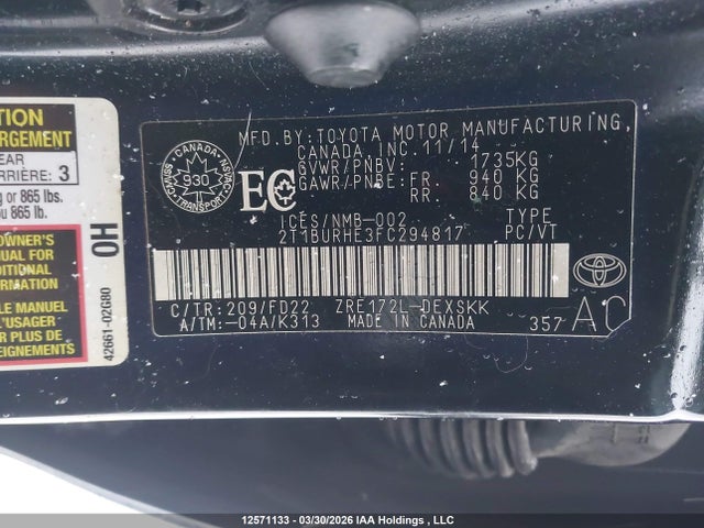 Aukcja sprzedaży 2015 Toyota Corolla, vin: 2T1BURHE3FC294817, numer aukcji: 12571133