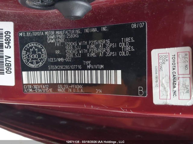 Aukcja sprzedaży 2008 Toyota Sienna, vin: 5TDZK29C28S107716, numer aukcji: 12571135