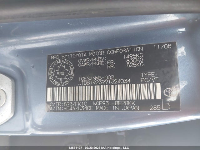 Aukcja sprzedaży 2009 Toyota Yaris, vin: JTDBT923991324034, numer aukcji: 12571137
