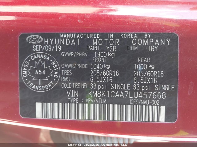 Продажа на аукционе авто 2020 Hyundai Kona Essential Awd, vin: KM8K1CAA7LU457668, номер лота: 12571143