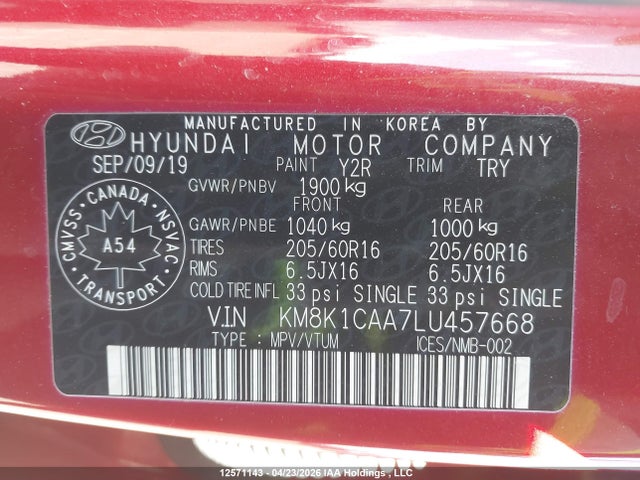 Продажа на аукционе авто 2020 Hyundai Kona Essential Awd, vin: KM8K1CAA7LU457668, номер лота: 12571143