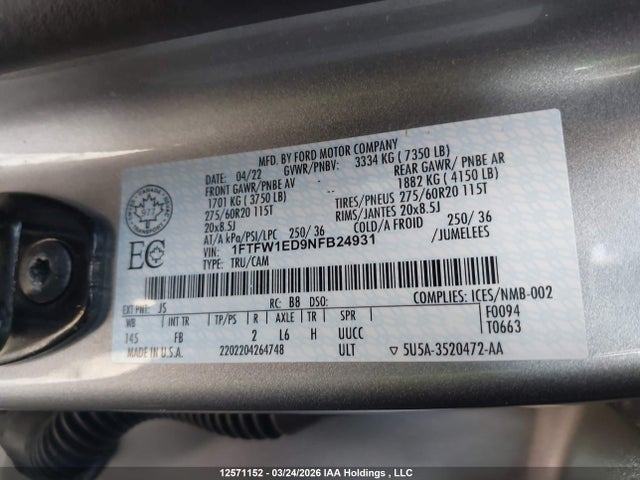 Продажа на аукционе авто 2022 Ford F-150 Xlt, vin: 1FTFW1ED9NFB24931, номер лота: 12571152