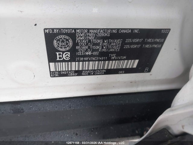 2T3B1RFV7NC314911 Toyota RAV4