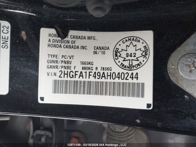 12571159 :رقم المزاد ، 2HGFA1F49AH040244 vin ، 2010 Honda Civic Dx-g مزاد بيع