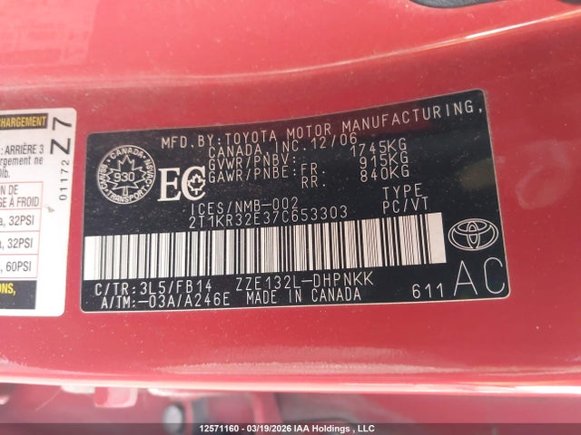 12571160 :رقم المزاد ، 2T1KR32E37C653303 vin ، 2007 Toyota Matrix Xr مزاد بيع