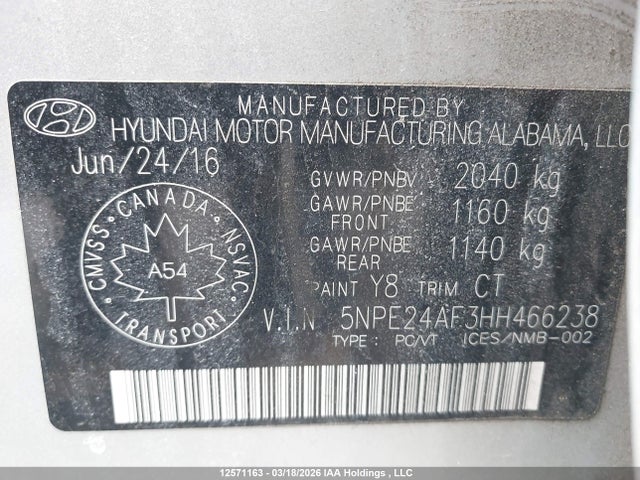 5NPE24AF3HH466238 Hyundai SONATA SE
