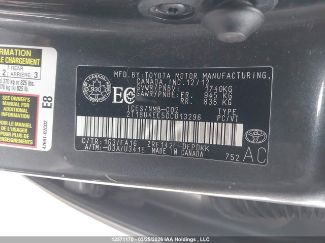 2013 Toyota Corolla S/le მანქანა იყიდება აუქციონზე, vin: 2T1BU4EE5DC013296, აუქციონის ნომერი: 12571170