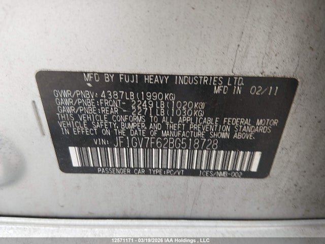 2011 Subaru Impreza Wrx მანქანა იყიდება აუქციონზე, vin: JF1GV7F62BG518728, აუქციონის ნომერი: 12571171