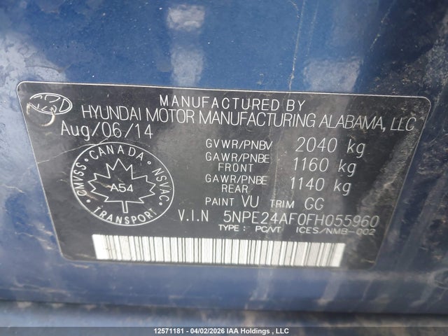5NPE24AF0FH055960 Hyundai SONATA GL