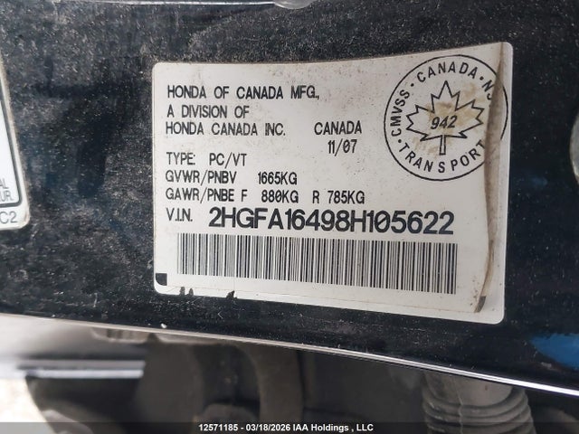 Aukcja sprzedaży 2008 Honda Civic Dx-g, vin: 2HGFA16498H105622, numer aukcji: 12571185