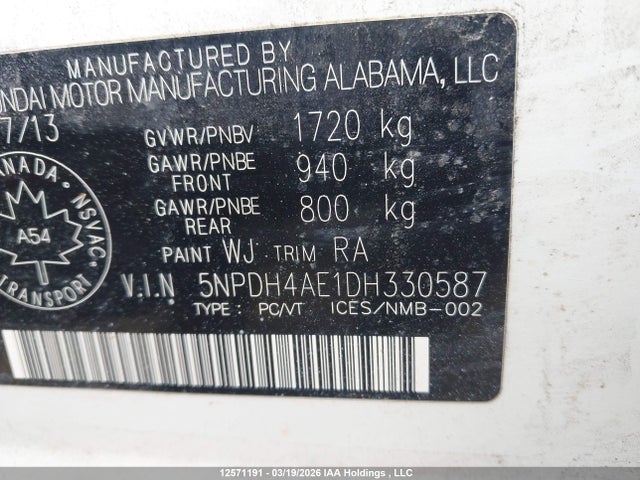 2013 Hyundai Elantra მანქანა იყიდება აუქციონზე, vin: 5NPDH4AE1DH330587, აუქციონის ნომერი: 12571191