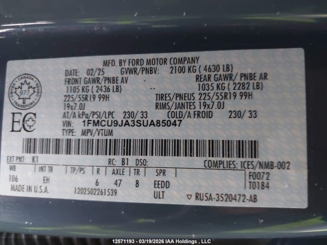 1FMCU9JA3SUA85047 Ford Escape Platinum