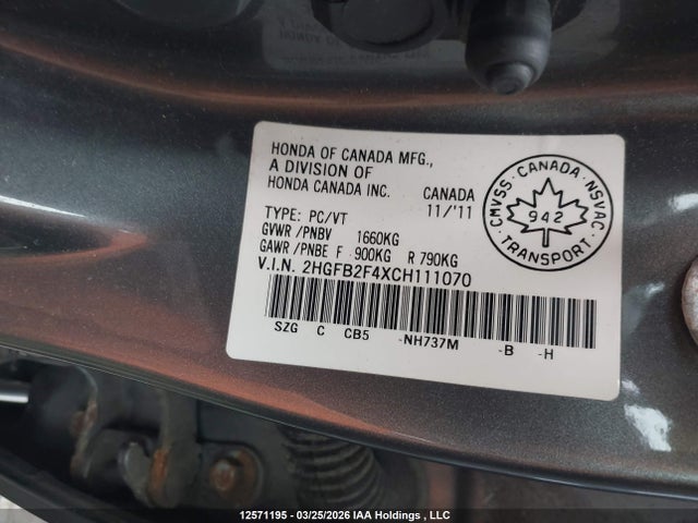 Продажа на аукционе авто 2012 Honda Civic, vin: 2HGFB2F4XCH111070, номер лота: 12571195