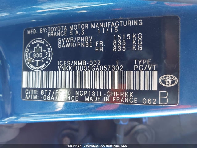 VNKKTUD33GA057302 Toyota YARIS LE