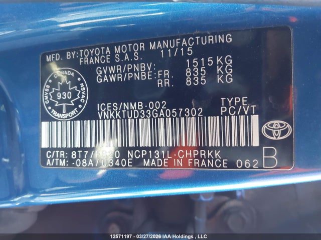VNKKTUD33GA057302 Toyota YARIS LE