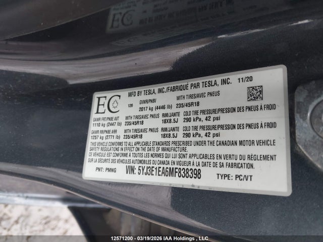 Aukcja sprzedaży 2021 Tesla Model 3 Standard Range/standard Range Plus, vin: 5YJ3E1EA6MF838398, numer aukcji: 12571200