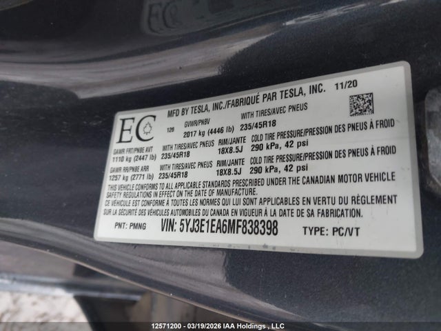 Aukcja sprzedaży 2021 Tesla Model 3 Standard Range/standard Range Plus, vin: 5YJ3E1EA6MF838398, numer aukcji: 12571200