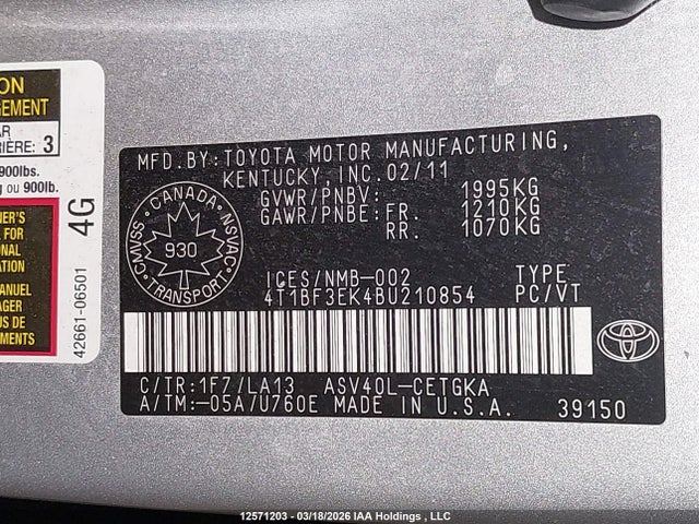 Aukcja sprzedaży 2011 Toyota Camry Se/le/xle, vin: 4T1BF3EK4BU210854, numer aukcji: 12571203