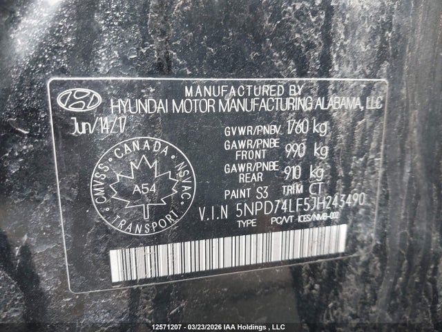 5NPD74LF5JH243490 Hyundai Elantra L