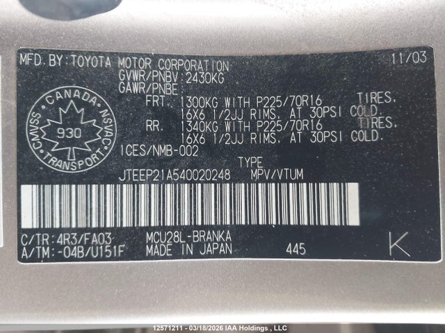 12571211 :رقم المزاد ، JTEEP21A540020248 vin ، 2004 Toyota Highlander مزاد بيع