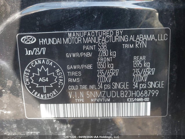 5NMZUDLB2JH068799 Hyundai Santa Fe Sport 2.4 Se