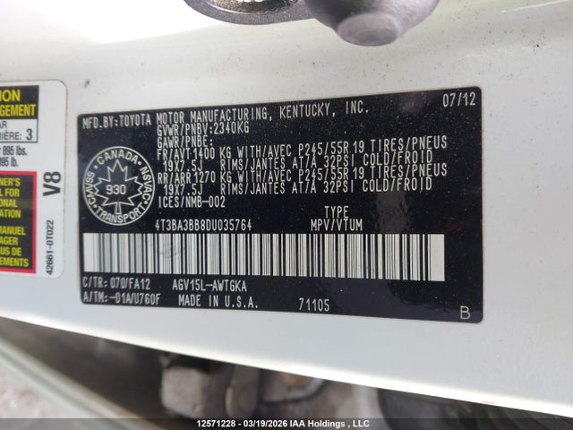12571228 :رقم المزاد ، 4T3BA3BB8DU035764 vin ، 2013 Toyota Venza مزاد بيع