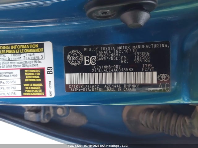 12571229 :رقم المزاد ، 2T1LE4EE4AC018583 vin ، 2010 Toyota Matrix مزاد بيع