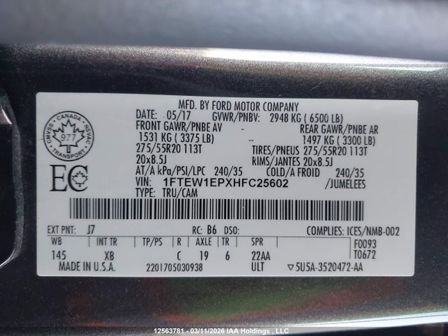 12563781 :رقم المزاد ، 1FTEW1EPXHFC25602 vin ، 2017 Ford F-150 Xlt مزاد بيع