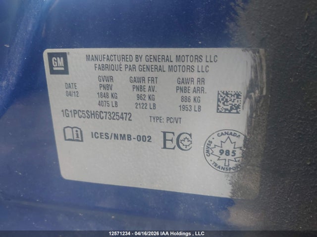 Aukcja sprzedaży 2012 Chevrolet Cruze Ls, vin: 1G1PC5SH6C7325472, numer aukcji: 12571234