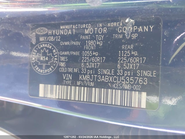 12571252 :رقم المزاد ، KM8JT3ABXCU535763 vin ، 2012 Hyundai Tucson Gl مزاد بيع