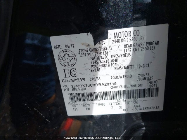 2013 Ford Edge Sel მანქანა იყიდება აუქციონზე, vin: 2FMDK3JC9DBA29115, აუქციონის ნომერი: 12571253
