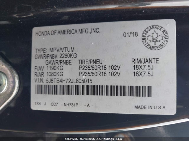 5J8TB4H72JL805015 Acura Rdx Advance