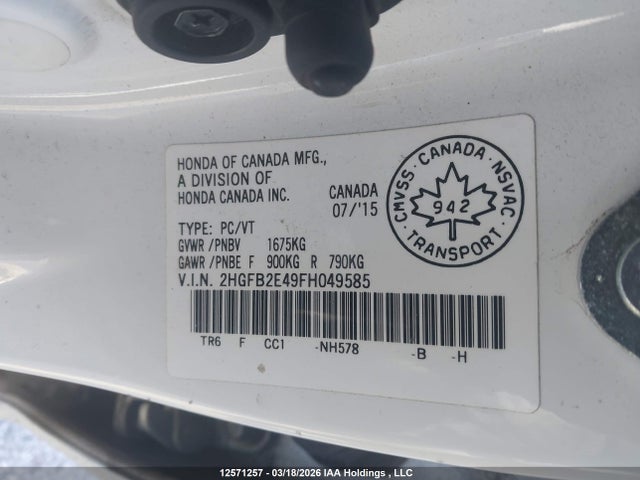 Продажа на аукционе авто 2015 Honda Civic Lx, vin: 2HGFB2E49FH049585, номер лота: 12571257